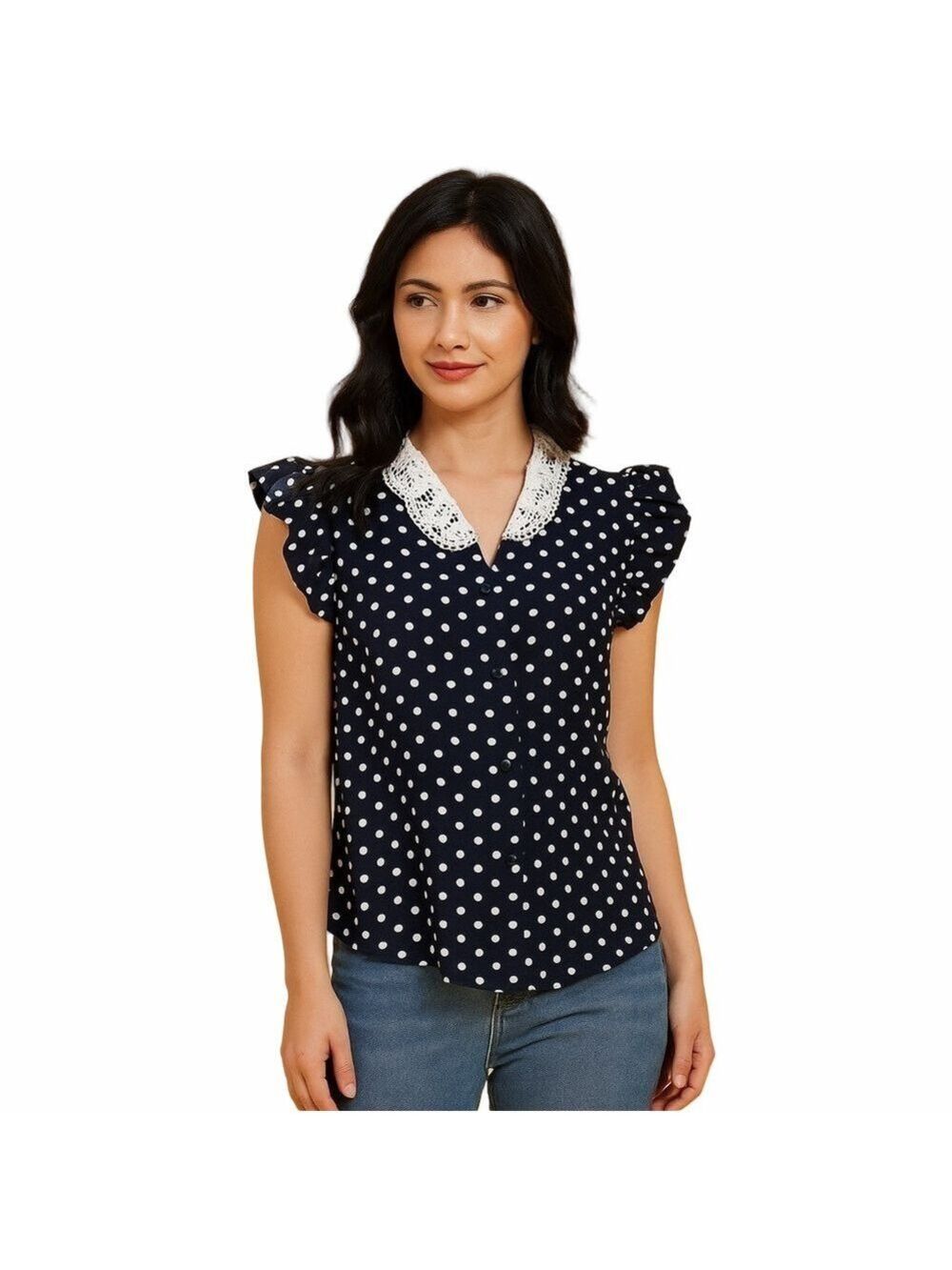 Polka dot Button Down Blouse with Lace Collar and Ruffled Sleeves